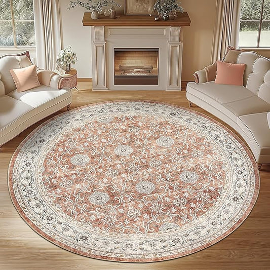 jinchan Round Rug 8ft Washable Circle Soft Rug - Low Pile Vintage 8'Round Indoor Orange Floral Print Stain Resistant Boho Carpet Ultra-Thin Non-Slip for Living Room Bedroom Dining Room Kitchen