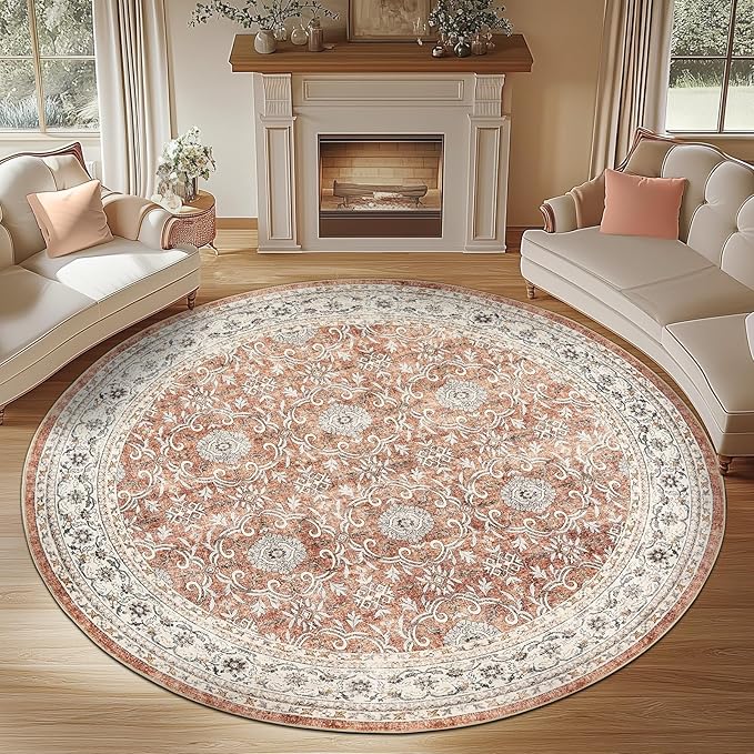 jinchan Round Rug 7ft Washable Circle Soft Rug - Low Pile Vintage 7'Round Indoor Orange Floral Print Stain Resistant Boho Carpet Ultra-Thin Non-Slip for Living Room Bedroom Dining Room Kitchen