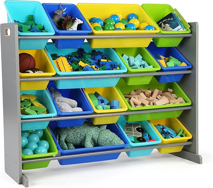 Humble Crew Supersized Toy Storage Organizer with 16 Removable Bins, Grey/Blue/Green/Yellow – Large Toy Storage for Toddlers Ideal for Kids' Rooms, Playrooms, and Nurseries - Modern Toy Bins for Kids
