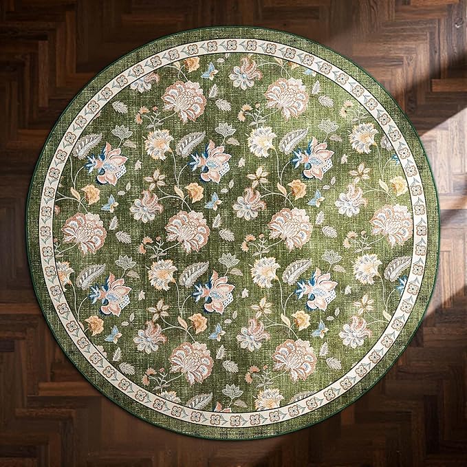 jinchan 6ft Floral Round Rug for Dining Room Washable Living Room Rug Vintage Romance Design Non Slip Indoor Floor Cover Lightweight Low-Profile Throw Carpet for Bedroom Porch Patio, Green