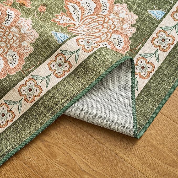 jinchan Floral Corner Rug for Living Room Washable Bedroom Rug Vintage Romance Design Non Slip Quarter Circle Lightweight Low-Pile Throw Carpet for Reading Nook Playroom,6ft Radius, Green
