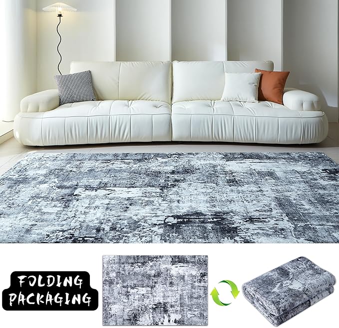 Area Rug 5x7 Washable Rug Boho Soft Abstract Pattern Non-Slip Faux Wool Vintage for Living Room, Bedroom, Farmhouse, Dining Room, Kids Playroom, Grey and Black