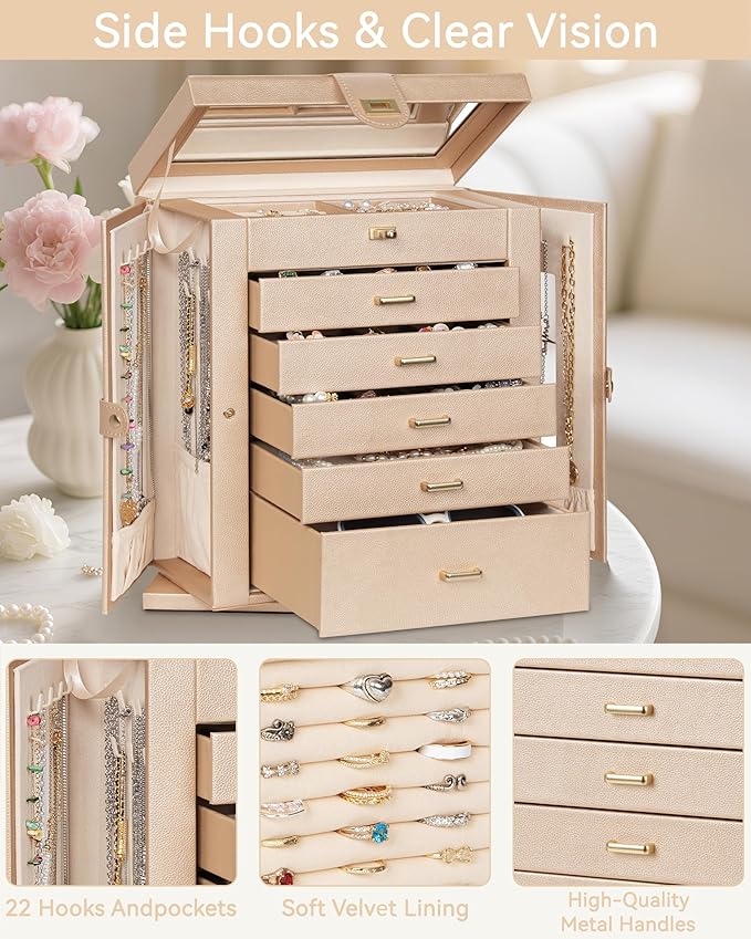 AKOZLIN Jewelry Box 360° Rotating 6-Tier Functional Jewelry Storage Case Organizer for Women Girls Ring Necklace Earring Bracelet Holder with Mirror