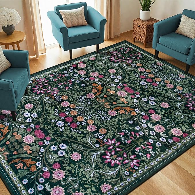 Area Rug Living Room Rugs: Floral 4x6 Washable Rug Vintage Soft Boho Non-Slip Carpet Indoor Floor Stain Resistant Large Carpets for Bedroom Dining Room Farmhouse Nursery Hallway Home Office Dark Green