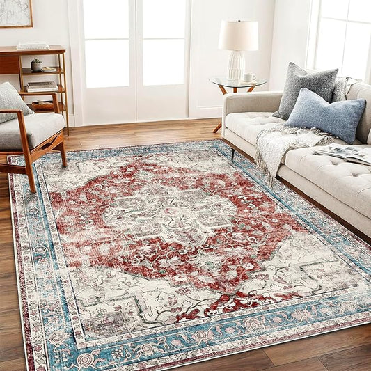 Area Rug 6'x9' Washable Red Blue Rug Vintage Traditional Floor Cover Retro Kitchen Indoor Distressed Non Slip Carpet Floral Print Mat Living Room Bedroom Dining Room