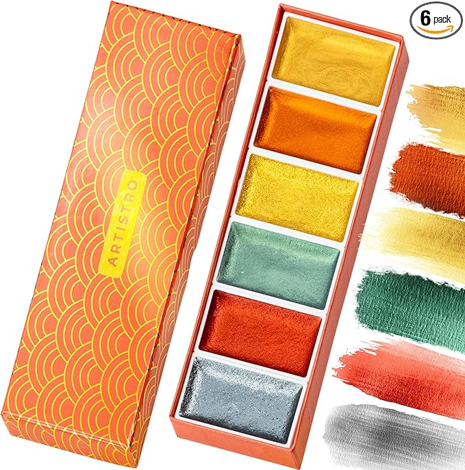 ARTISTRO Professional Metallic Watercolor Paint Set for Adults - 6 Pigment-Rich Metallic Colors, XL Pans, ASTM-I Lightfastness, High Tinting Strength Watercolor Set for Professionals made by professionals