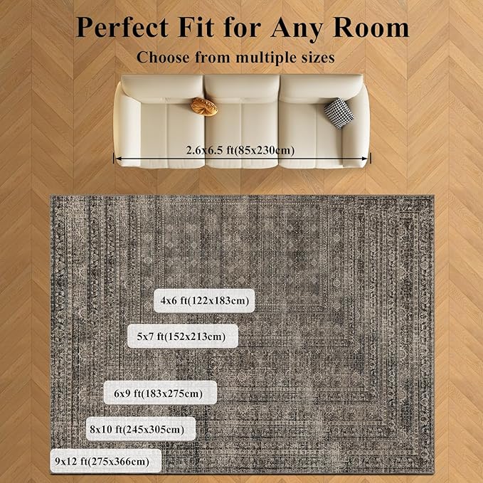 4x6 Washable Area Rug for Living Room, Carpet for Bedroom, Soft Faux Wool Retro Dining Room Rug, Non Slip&Non-Shedding Resistant Low Pile Vintage Print Rug for Home Office (Brown)