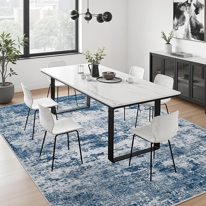 9x12 Area Rug Living Room Rug: Washable Modern Abstract Soft Thin Rug Indoor Floor No Slip Stain Resistant Carpet for Bedroom Dining Room Farmhouse Nursery Home Office - Blue