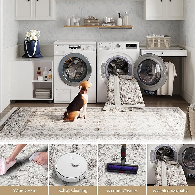 jinchan Runner Rug 2x6 - Machine Washable Beige Vintage Floral Distressed Design Soft Non-Slip Low-Pile Ultra-Thin Runner Rug for Kitchen Hallway Laundry Room Entryway Farmhouse (2‘x6',Beige)