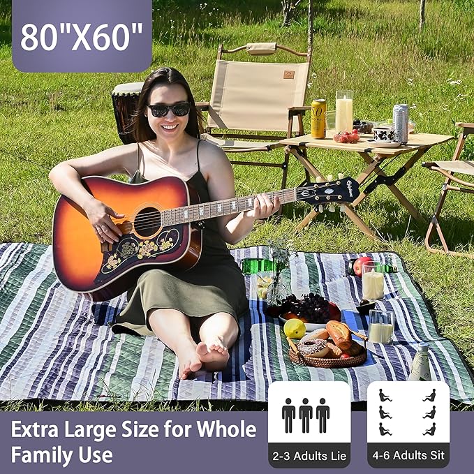 HX&OD Outdoor Picnic Blanket Extra Large, 80''*60'' Waterproof Picnic Mat with Stakes Foldable Camping Blanket Portable with Carry Strap for Beach Mat (Green& White, 80''*60'')