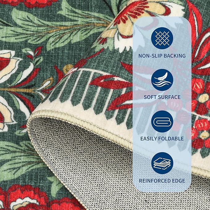 GarveeHome Floral Botanical Washable 8x10 Area Rug for Living Room Soft Grey Green Vintage Boho Cottage Large Rugs Low Pile Carpet for Bedroom Dining Nursery Rug