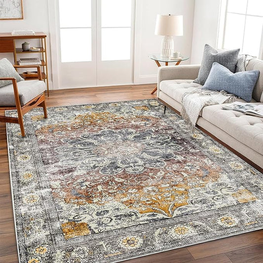Area Rug 6x9 Washable Rug Brown Grey Vintage Traditional Distressed Thin Retro Kitchen Indoor Floor Cover Non Slip Carpet Floral Print Mat Living Room Bedroom Dining Room
