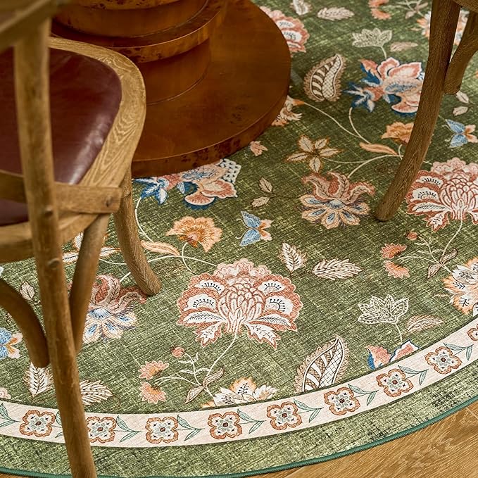 jinchan 4ft Floral Round Rug for Entryway Washable Kitchen Rug Vintage Romance Design Non Slip Indoor Doormat Lightweight Low-Profile Throw Carpet for Living Room Dining Room Bedroom, Green