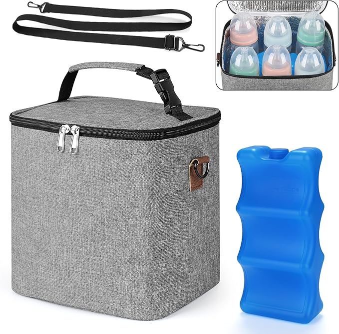 Accmor Breastmilk Cooler Bag with Ice Pack, Baby Bottle Cooler Bags, Insulated Bottle Cooler Tote Bags On The Go, Fits 6 Large 9oz Bottles, for Nursing Mom Daycare Travel, Grey