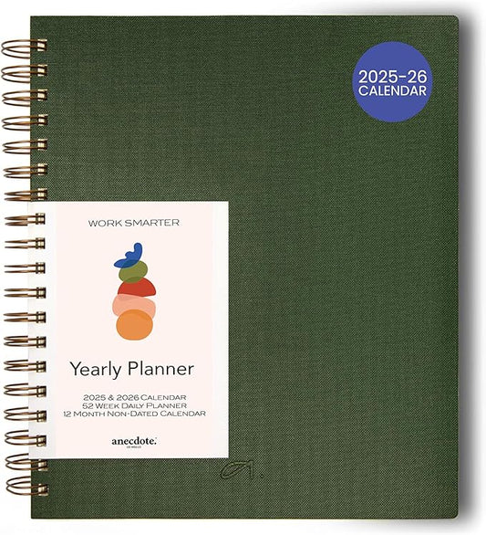 Anecdote 2026 Planner (8.5" x 10") Daily Planner Weekly Monthly Planner - 52 Weeks w/Library Buckram Cover, Brass Spiral - A4 Size Bleed-Resistant Paper – Evergreen
