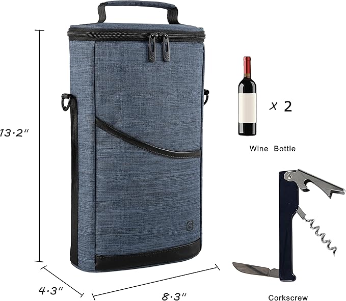 ALLCAMP 2 Bottle Wine Tote Carrier - Insulated Portable Padded Canvas Wine Bag for Travel, BYOB Restaurant, Wine Tasting, Party, Great Christmas Day Gift for Wine Lover，Blue