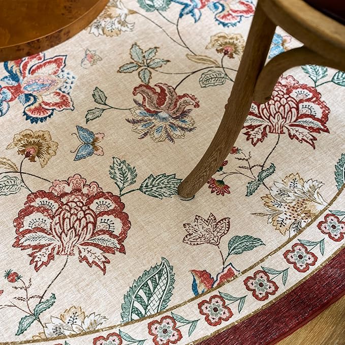 jinchan 5ft Floral Round Rug for Entryway Washable Kitchen Rug Vintage Romance Design Non Slip Indoor Doormat Lightweight Low-Profile Throw Carpet for Living Room Dining Room Bedroom, Red/Beige
