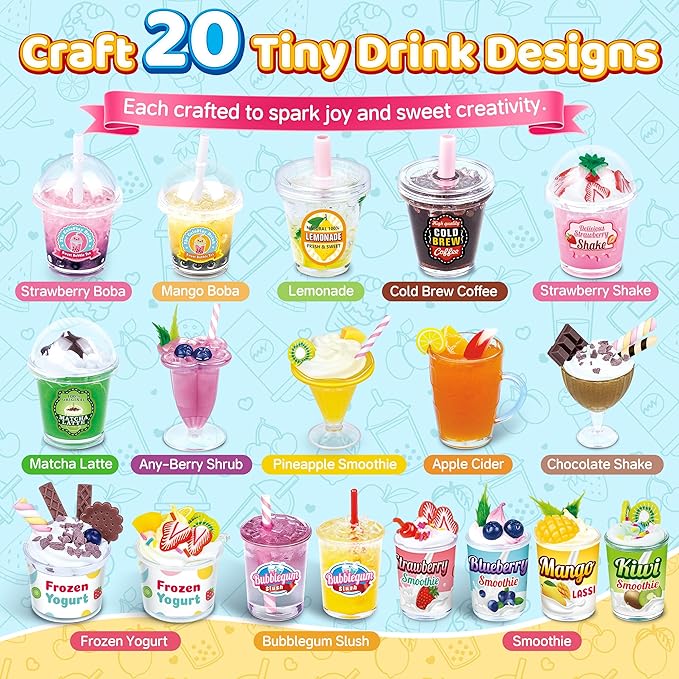 20 PCS Miniature Drink Marker Kit, Miniature Food Toys, Kitchen Pretend Food DIY Crafts Kits for Kids Ages 8-12, Girls Gift for Christmas, Birthday, Collectors, Resin Play, NOT Edible