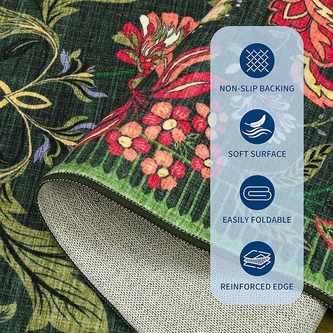 GarveeHome Forest Green Floral Botanical Washable Rugs 5x7 Area Rug for Living Room, Vintage Boho Cottage Throw Rugs Low Pile Carpet for Bedroom Dining Nursery Rug