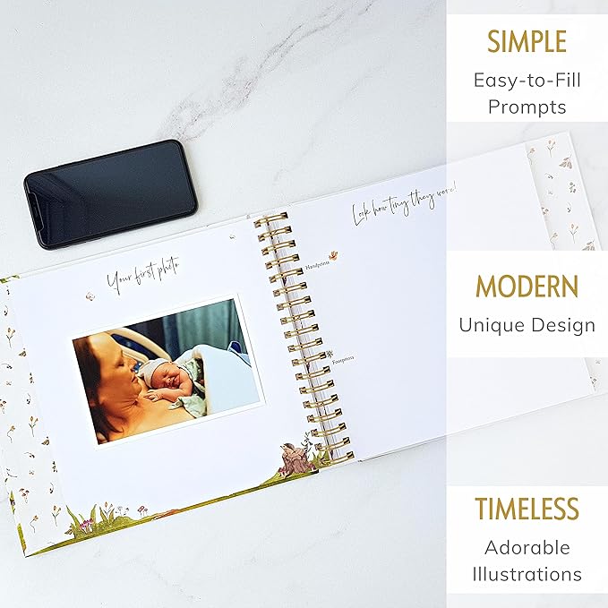 Baby Memory Book for Girl or Boy - First 5 Year Unisex Woodland Animal Keepsake to Log New Born 1st Milestone - Gender Neutral Photo Album - Parent Scrapbook Journal - Pregnancy Gift for Expecting Mom