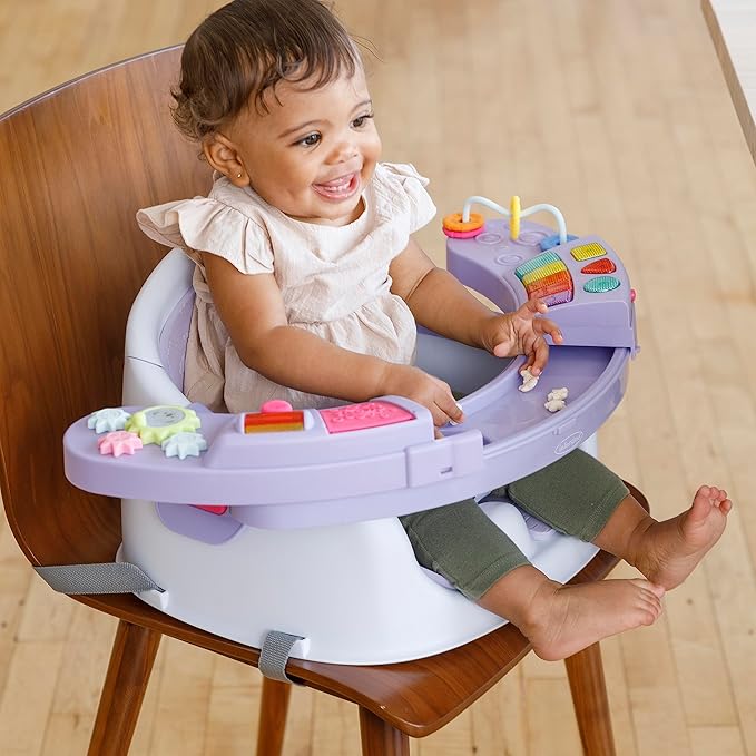 Infantino Music & Lights 3-in-1 Discovery Seat & Booster, Toddler Booster Seat for Dining Table or Kitchen Chair, Baby Activity Center & Snack Tray, Lavender