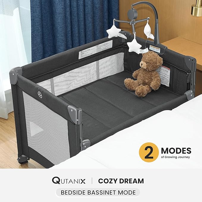 2-in-1 Pack and Play with Mattress,Baby Bassinet Bedside Sleeper, Bedside Bassinet & Baby Playpen, Easy Folding Portable Crib for Newborn to Toddlers (Dark Grey)