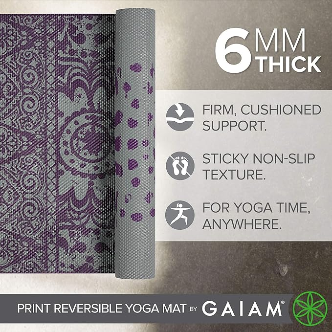 Gaiam Yoga Mat - Premium 6mm Print Reversible Extra Thick Non Slip Exercise & Fitness Mat for All Types of Yoga, Pilates & Floor Workouts (68" x 24" x 6mm Thick)