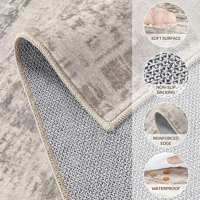 Area Rug for Living Room: 6x9 Washable Neutral Abstract Modern Soft Rugs Non Slip Indoor Floor Stain Resistant Large Carpet for Bedroom Dining Room Office Nursery - Brown