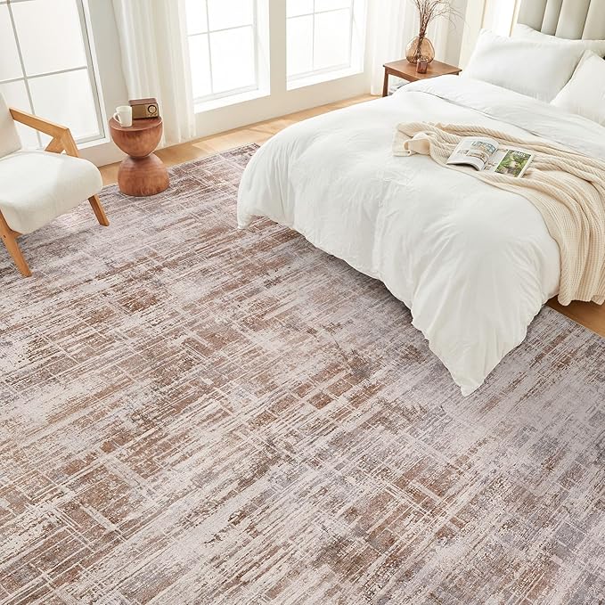 Area Rug for Living Room: 10x12 Washable Neutral Abstract Modern Soft Rugs Non Slip Indoor Floor Stain Resistant Large Carpet for Bedroom Dining Room Office Nursery - Red Brown