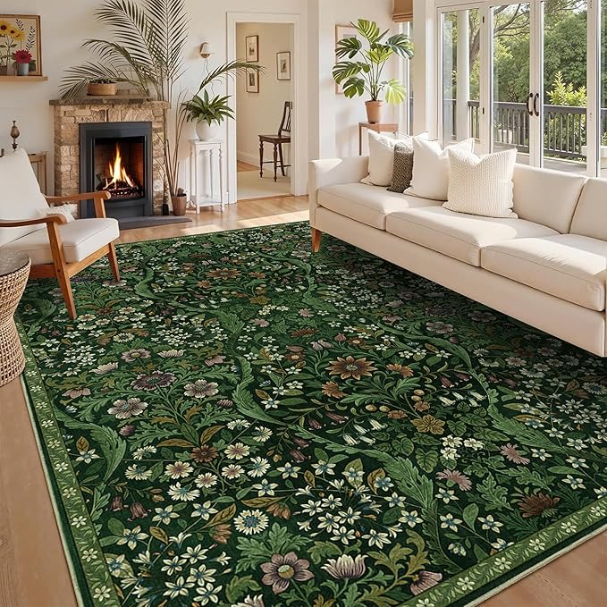8x10 Washable Area Rug for Living Room, Large Vintage Dark Green Floral Rugs, Soft Non-Slip Stain Resistant Boho Lightweight Carpet for Bedroom Dining Room Nursery Home Office