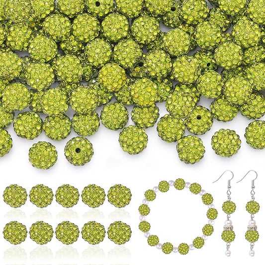 200pcs 10mm Rhinestone Beads for Jewelry Making, Olivine Shiny Round Disco Ball Beads Bulk, Sparkle Crystal Clay Christmas for Bracelet Baseball Necklace Earring Crafting and DIY