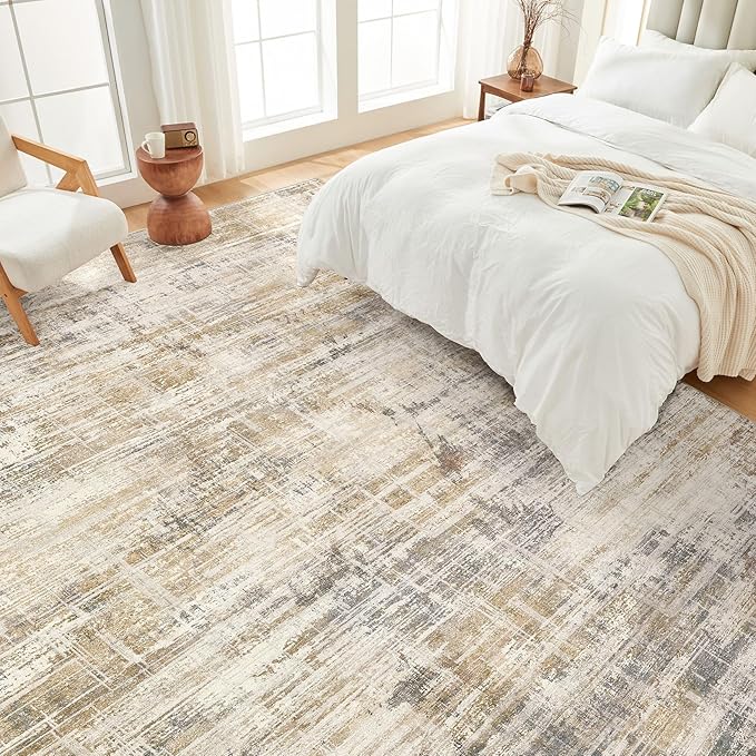 Area Rug for Living Room: 9x12 Washable Neutral Abstract Modern Soft Rugs Non Slip Indoor Floor Stain Resistant Large Carpet for Bedroom Dining Room Office Nursery - Golden Brown