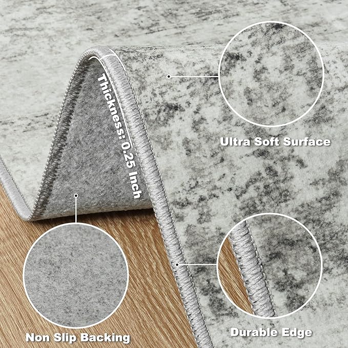 Area Rugs 8x10 Living Room Rugs: Large Modern Abstract Washable Rug with Non-Slip Backing, Thin Carpet for Dining Room Table Bedroom Nursery Indoor Home Office-Gray