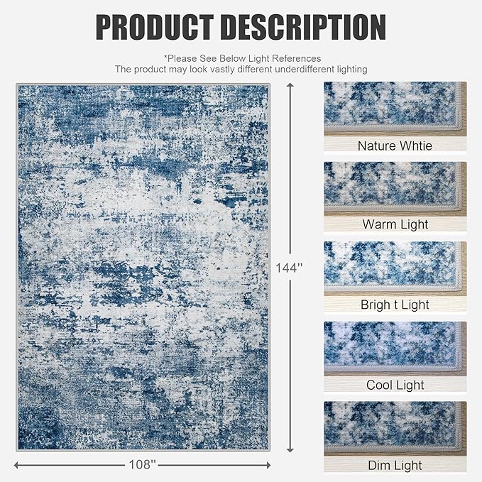 9x12 Area Rug Living Room Rug: Washable Modern Abstract Soft Thin Rug Indoor Floor No Slip Stain Resistant Carpet for Bedroom Dining Room Farmhouse Nursery Home Office - Blue