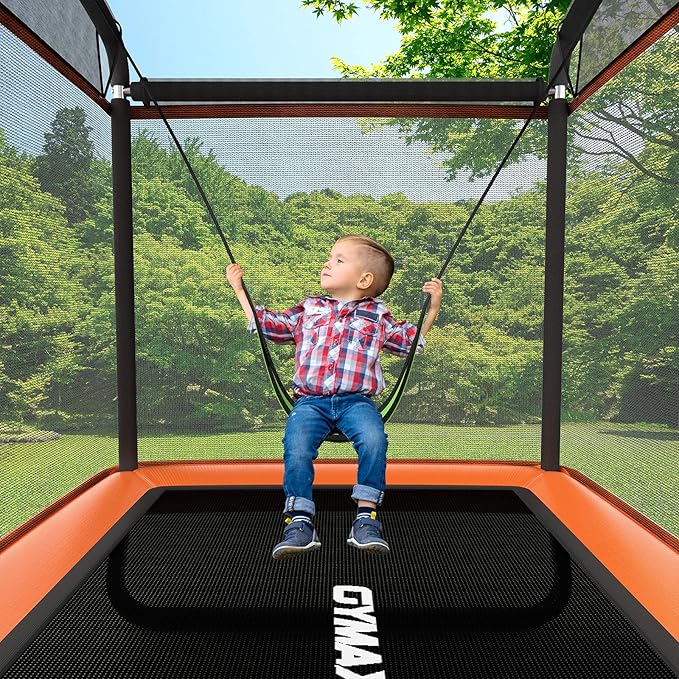 GYMAX Trampoline for Kids, 6FT Toddler Trampoline with Swing & Enclosure Safety Net, ASTM Approved Rectangle Recreational Trampoline for Indoor/Outdoor, Birthday for Baby Boys & Girls