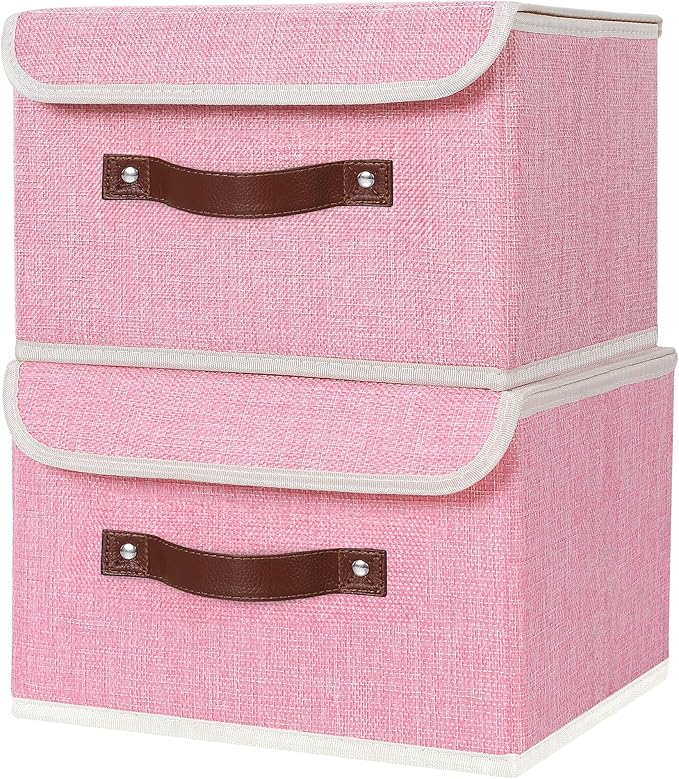 ANMINY 2PCS Storage Bins with Lid PU Leather Handles Storage Boxes PP Plastic Board Decorative Foldable Lidded Cotton Linen Fabric Home Cubes Baskets Closet Organizer Containers - Pink, Small Size
