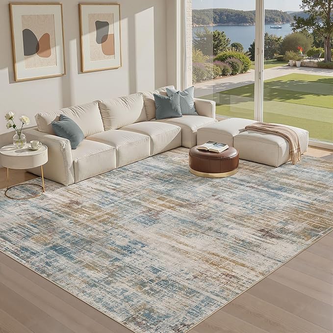 Area Rug for Living Room: 12x15 Washable Neutral Abstract Modern Soft Rugs Non Slip Indoor Floor Stain Resistant Large Carpet for Bedroom Dining Room Office Nursery - Blue Brown