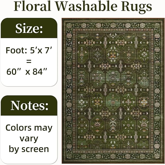 5x7 Washable Area Rug for Living Room Dining Room, Distressed Non Slip Vintage Floral Rugs for Bedroom, Traditional Indoor Floor Carpet for Dining Kitchen Farmhouse Dark Green