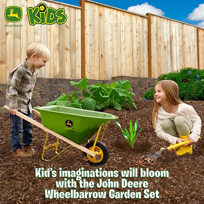 John Deere Deluxe 34" Wheelbarrow and Garden Set Includes 5 Realistic Gardening Tools,Gardening Apron, Gardening Gloves, Large Metal Wheelbarrow with Wooden Handles, Outdoor Toy Ages 5+