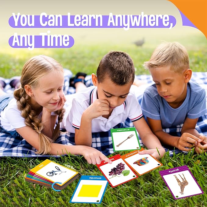 60 English Spanish Flash Cards, Double-Sided Nouns Cards Bilingual Sight Words - Animals, Colors, Food, Vehicles Cards, Language Vocabulary Learning Tool for Beginners 5+ with 2 Reclosable Rings