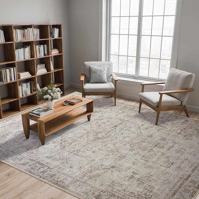 6x9 Washable Area Rug for Living Room, Non-Slip Distressed Rugs for Bedroom Dinning Room, Ultra-Thin Indoor Non-Shedding Vintage Print Carpet for Farmhouse, Home Office, Dorm Light Taupe/Cream