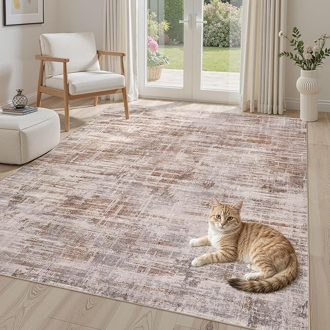Area Rug for Living Room: 6x9 Washable Neutral Abstract Modern Soft Rugs Non Slip Indoor Floor Stain Resistant Large Carpet for Bedroom Dining Room Office Nursery - Red Brown