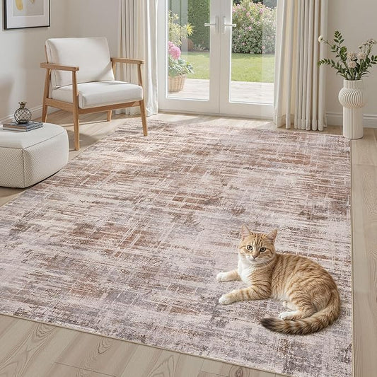 Area Rug for Living Room: 6x9 Washable Neutral Abstract Modern Soft Rugs Non Slip Indoor Floor Stain Resistant Large Carpet for Bedroom Dining Room Office Nursery - Red Brown