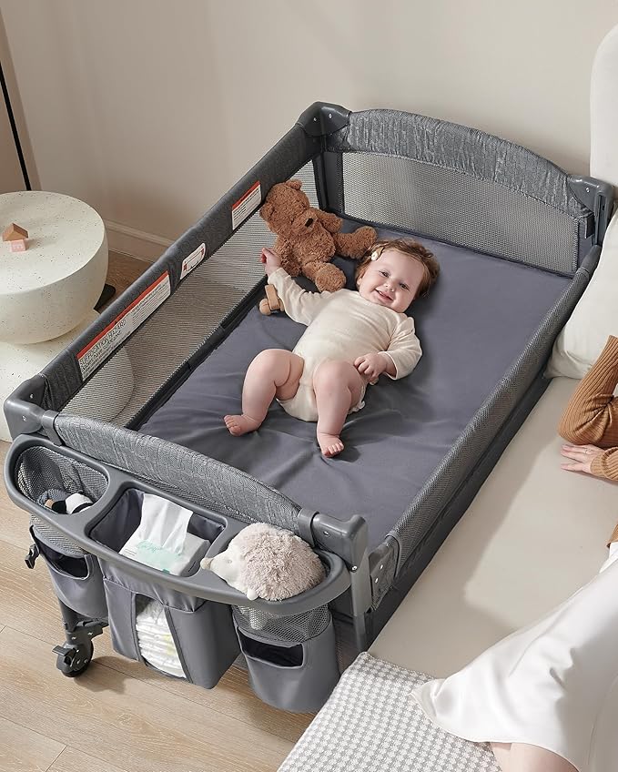 AirClub 4 in 1 Baby Bassinet Bedside Sleeper, 4 Functions Crib, Playard, Portable Changing Table, Bassinet for Newborn Baby, Bedsaide Bed w/Wheels&Brakes
