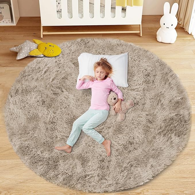 4FT Round Rug for Bedroom: Fluffy Shag Soft Washable Rugs Circle Small Fuzzy Plush Indoor Carpet for Living Room Nursery Playroom Dorm Kids Girls Boys Room (Camel, 4'x4')
