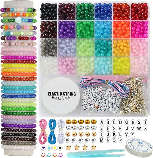 JULIMAIDONG 6mm Glass for Bracelets 1400pcs, 24 Colors Round Crystal Glass Bracelet Making Kit for Jewelry Making Kits Bead DIY Crafts with Spacer Charms Accessories (6mm, 24Color)