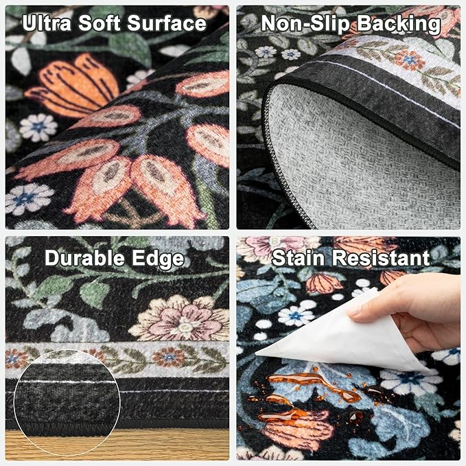 8x10 Area Rugs for Living Room: Floral Washable Rug Vintage Large Soft Boho Non-Slip Carpet Indoor Stain Resistant Low Pile Carpets for Bedroom Dining Room Farmhouse Nursery Home Office Dark Black