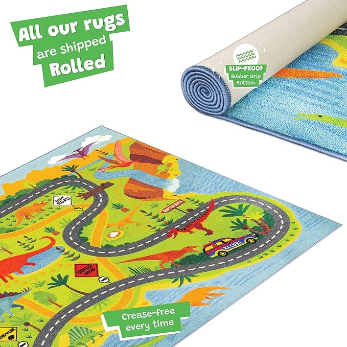 KC Cubs 8x10 Dinosaur Toy Car Dino Road Rug – Educational Play Mat Carpet for Kids, Toddlers, Nursery, Classroom, Playroom, Baby Daycare, Boys & Girls