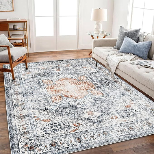 Area Rug 6x9 Washable Rug Gray Vintage Traditional Floor Cover Thin Retro Kitchen Indoor Distressed Non Slip Carpet Floral Print Mat Living Room Bedroom Dining Room