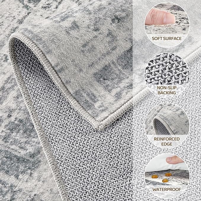 Area Rug for Living Room: 8x10 Washable Neutral Abstract Modern Soft Rugs Non Slip Indoor Floor Stain Resistant Large Carpet for Bedroom Dining Room Office Nursery - Gray